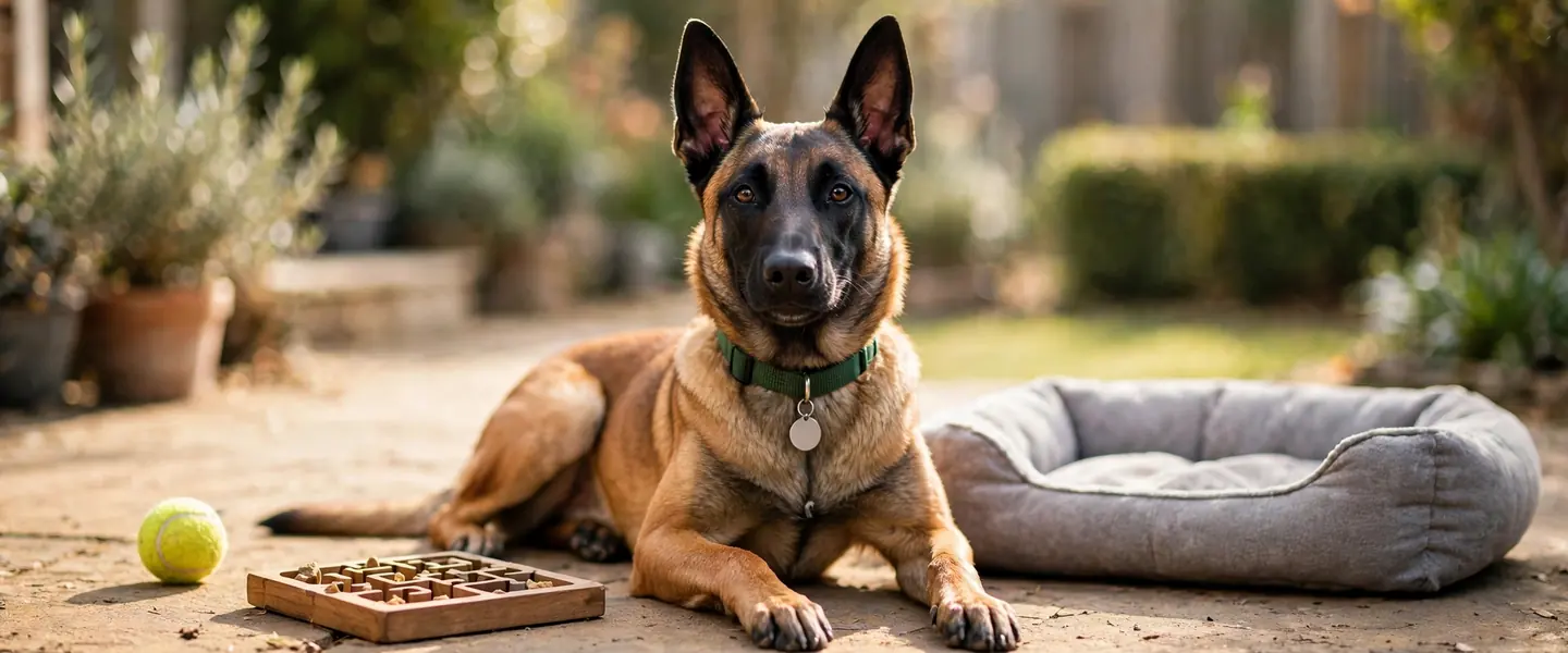 A Belgian Malinois resting on a patio next to a puzzle feeder, a ball and a dog bed