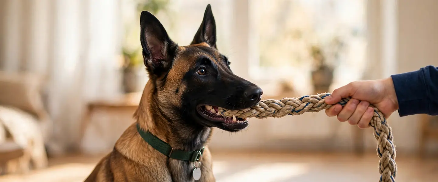 A Belgian Malinois tugging on a rope toy held by its owner