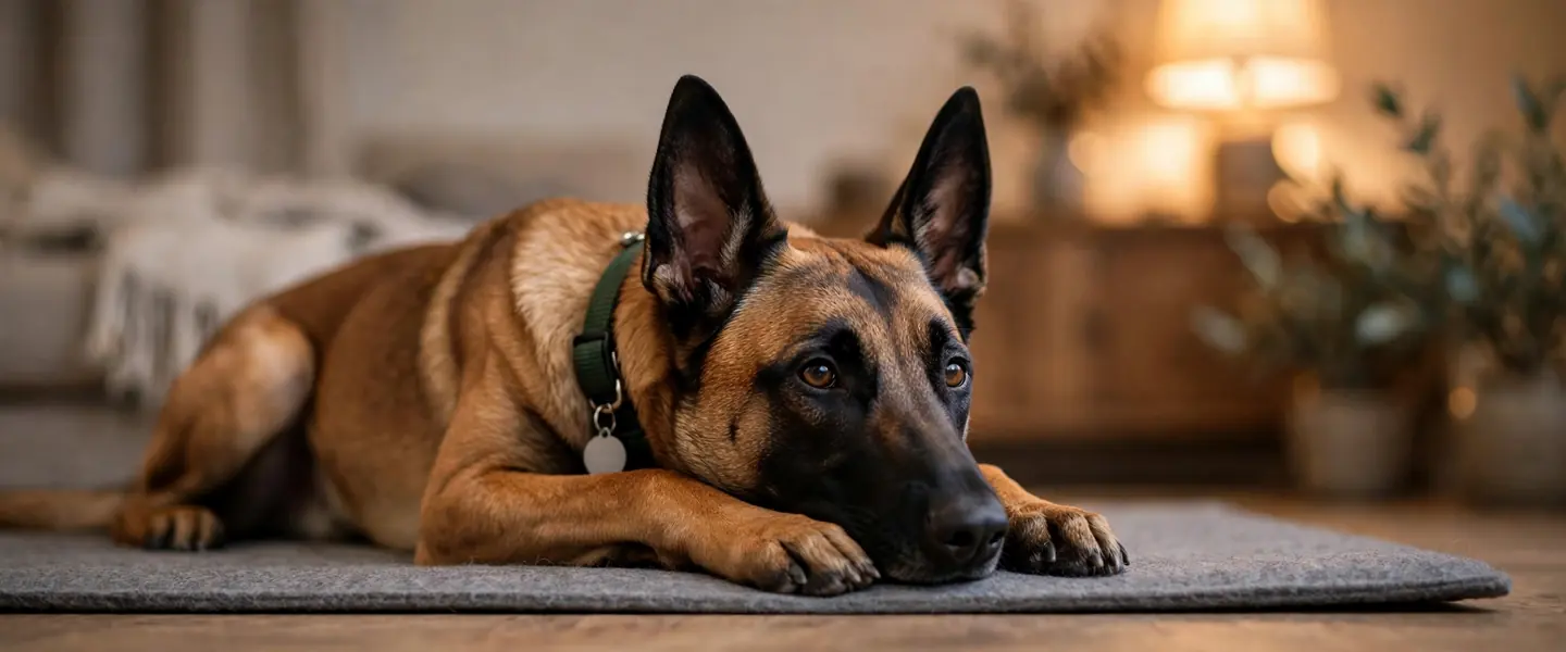 A Belgian Malinois lying relaxed on a mat in a living room