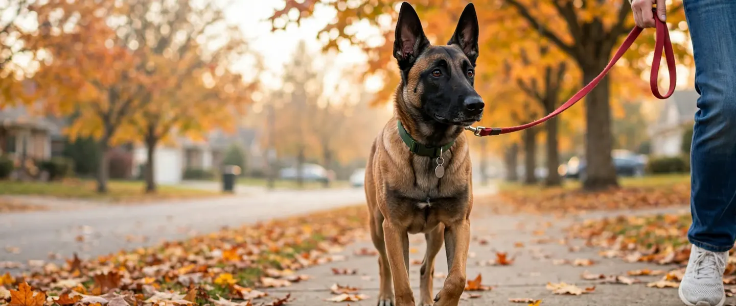 A Belgian Malinois walking on a loose red leash on an autumn sidewalk