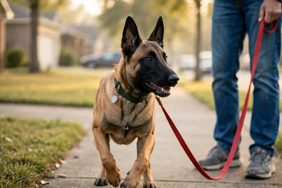 A Malinois walking next to the owner's leg on a loose leash
