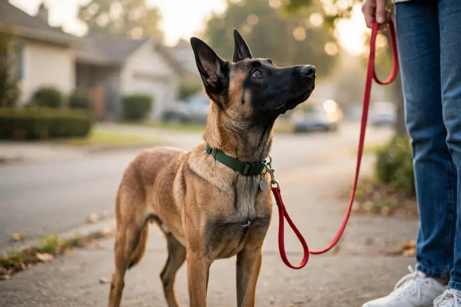 The Malinois looks up at the owner while walking