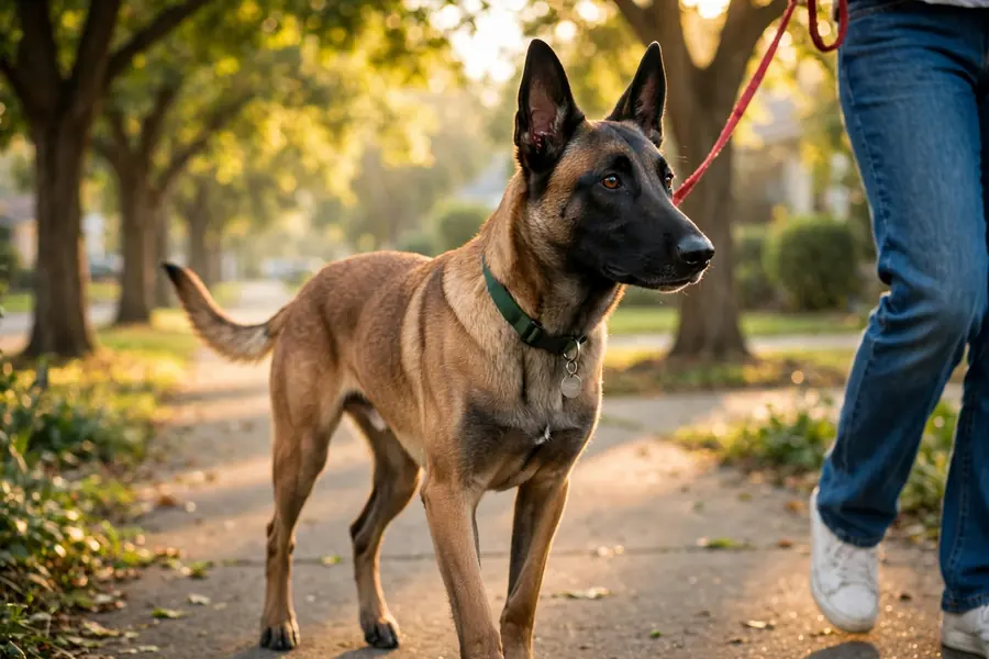 The Malinois walks calmly with a slack leash under trees