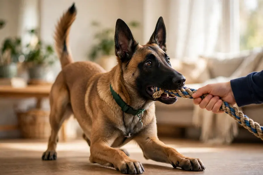Malinois pulling hard on a rope toy