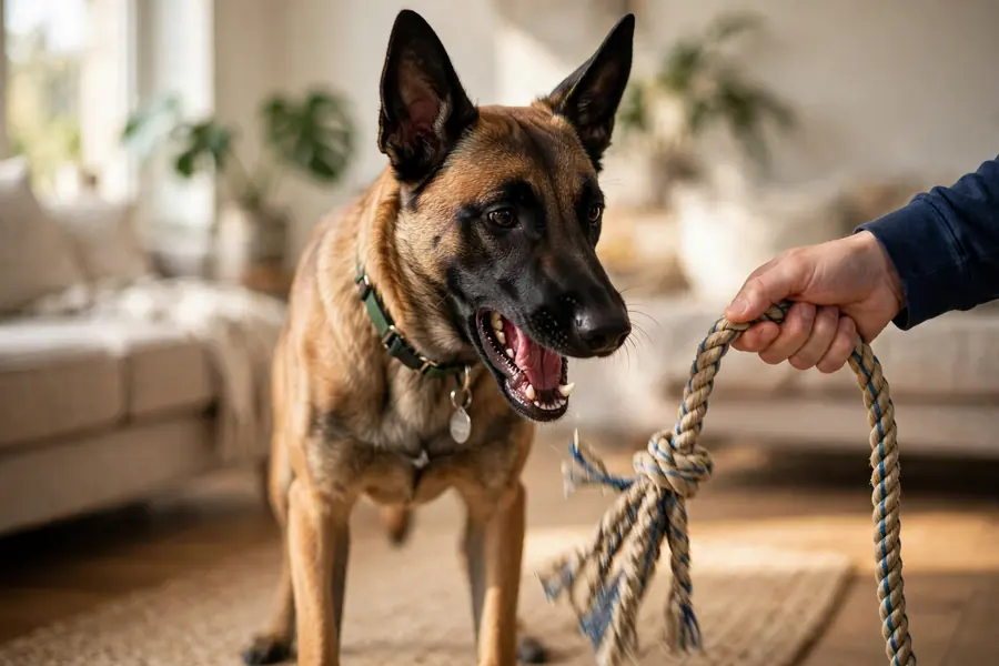 The owner holds the toy still and the dog lets go