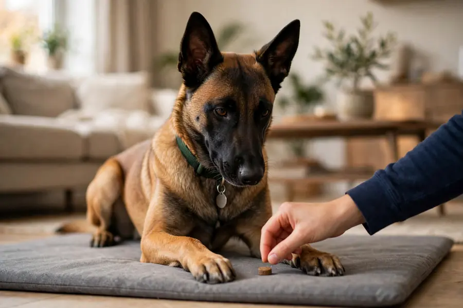 A Malinois lying on a gray mat while the owner places a treat between its paws