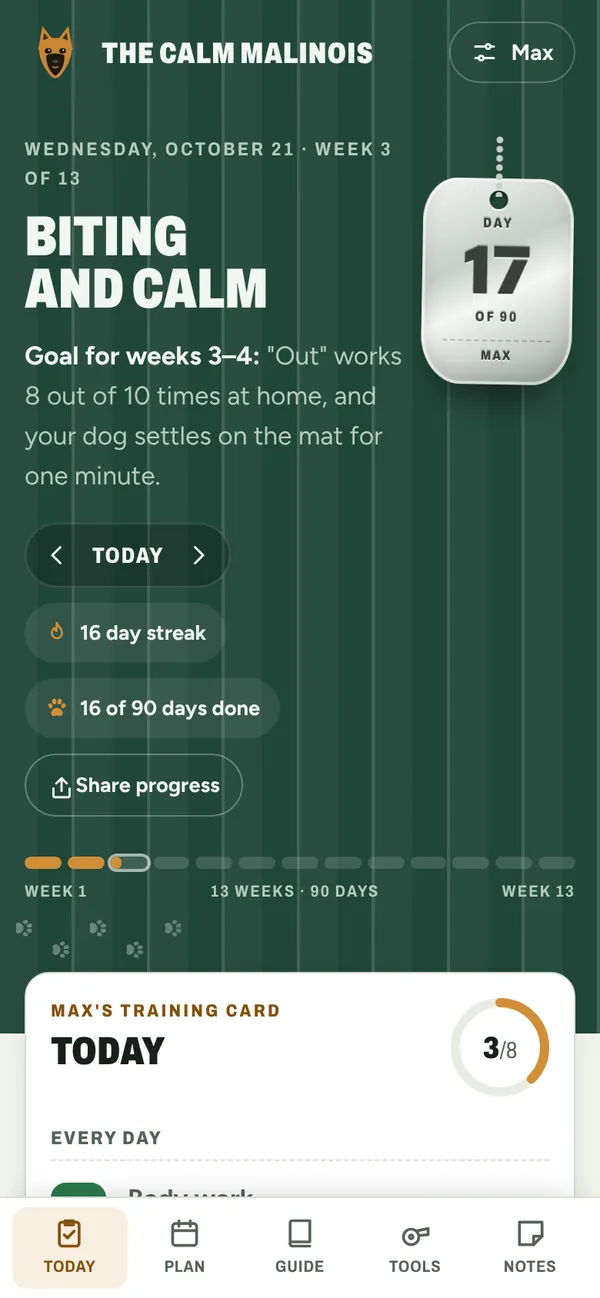The guide on a phone: Day 17 of 90, weeks 3 to 4, Biting and calm, with this block's goal